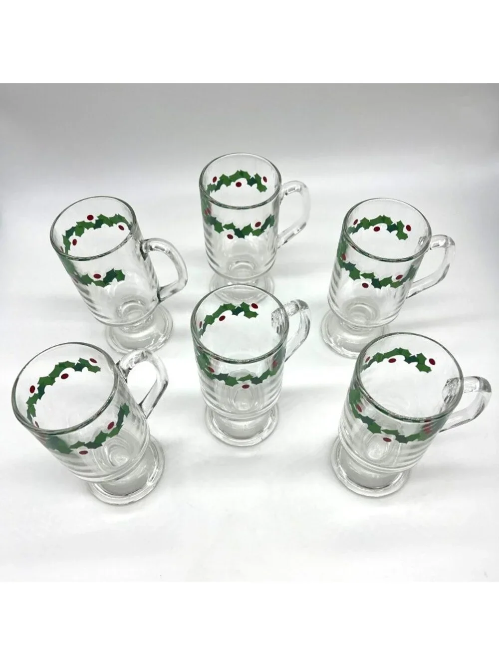 Set Of 6 LIbby Glass Pedestal Mugs With Christmas Holly & Berry Design - 5